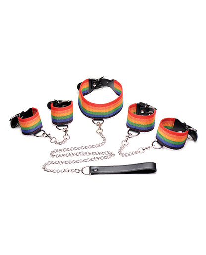 Master Series Kinky Pride Rainbow Bondage Set - Wrist & Ankle Cuffs & Collar W/leash